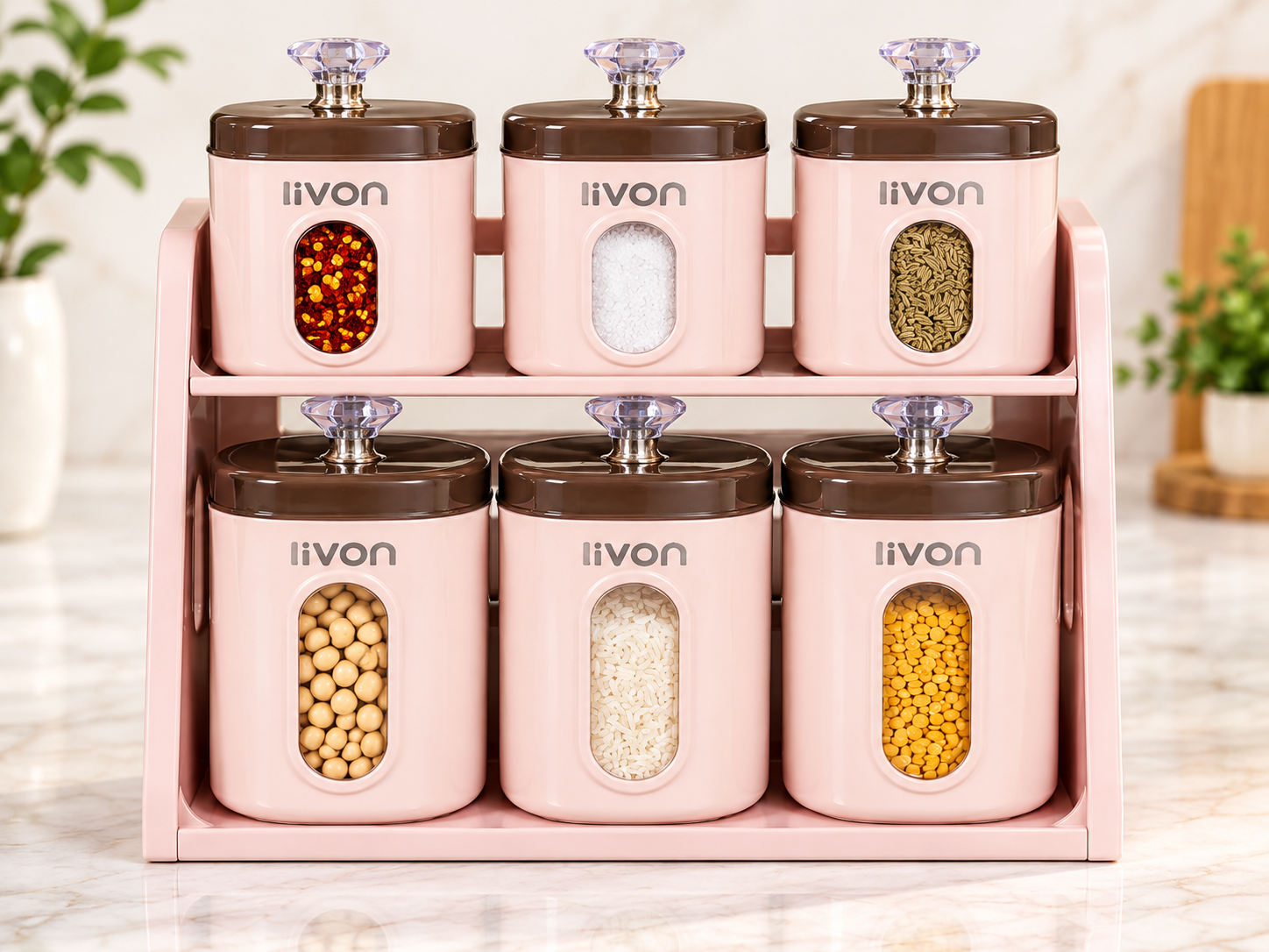 Livon 6 Piece Kitchen Storage Container Set with Rack – Pink & White - Image 2