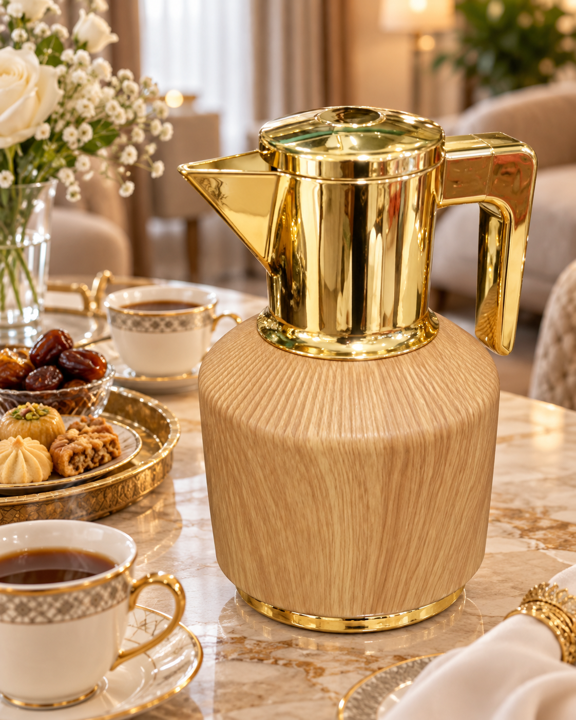 Luxury Arabic Tea & Coffee Flask – Wooden Design with Gold Finish - Image 2