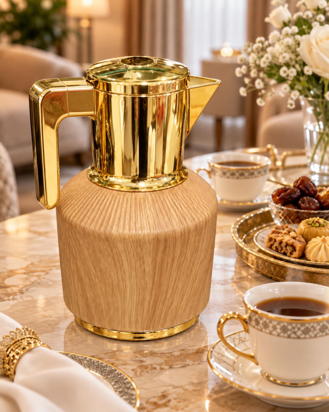 Luxury Arabic Tea & Coffee Flask – Wooden Design with Gold Finish - Image 3