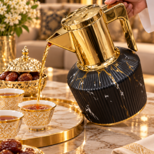 Luxury Arabic Tea & Coffee Flask – Black Marble & Gold Ribbed Design