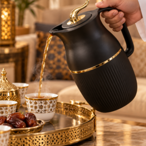 Luxury Arabic Tea & Coffee Flask – Matte Black & Gold Ribbed Design