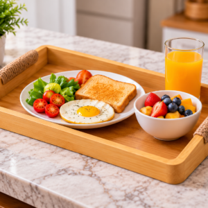 Premium Rectangular Wooden Serving Tray – Natural Wood with Rope Handles