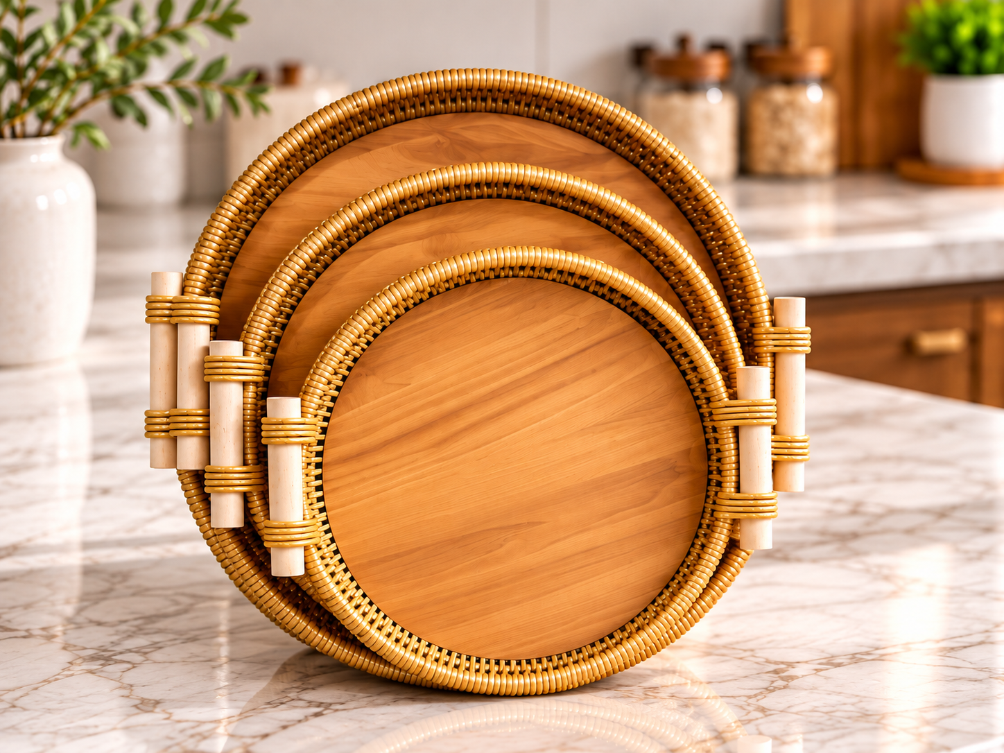 Premium Round Rattan Serving Tray – Natural Woven Design with Bamboo Handles - Image 3