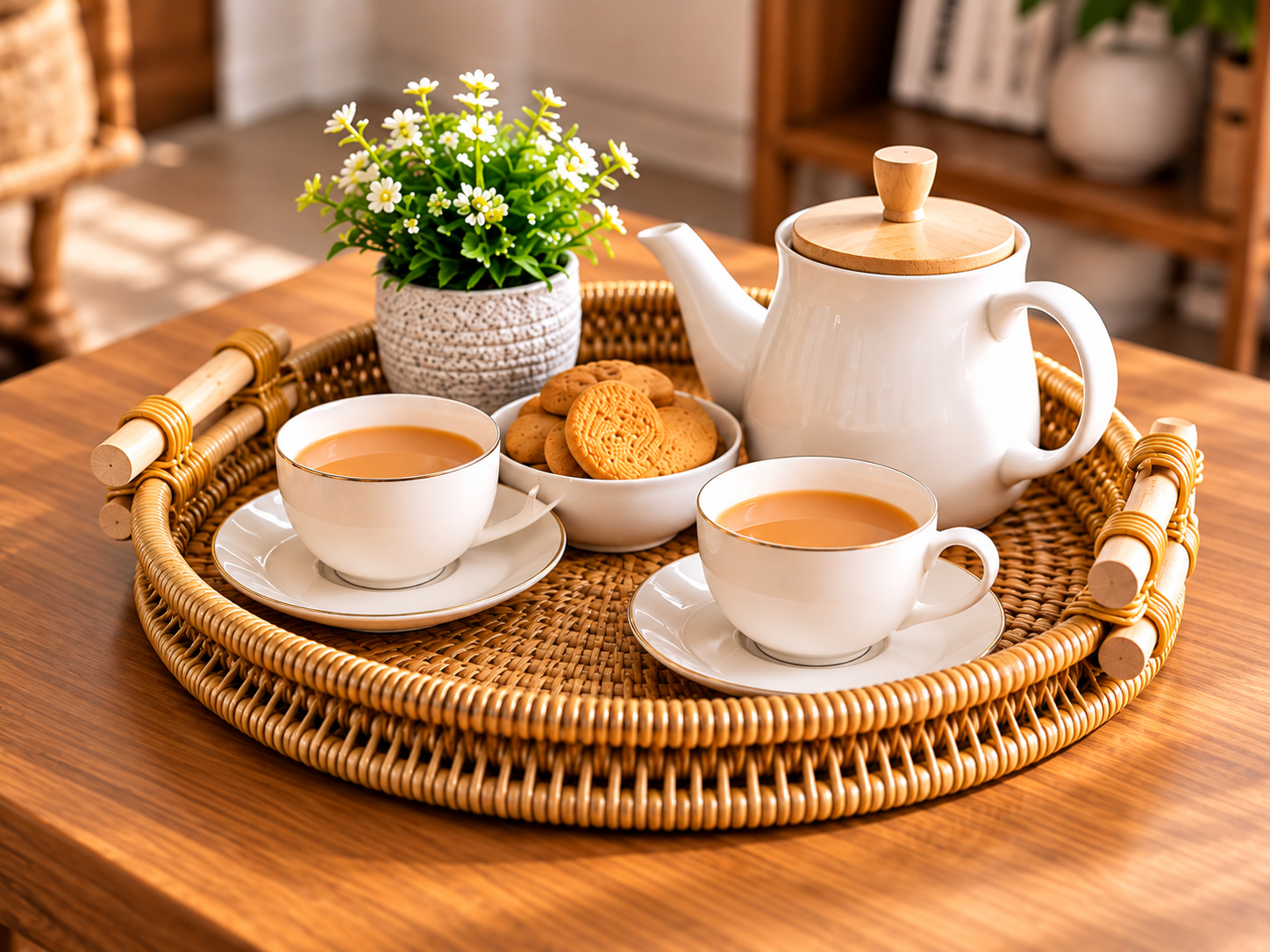 Premium Round Rattan Serving Tray – Natural Woven Design with Bamboo Handles - Image 2