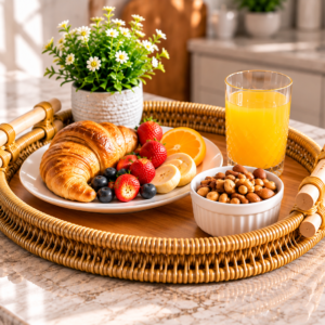 Premium Round Rattan Serving Tray – Natural Woven Design with Bamboo Handles