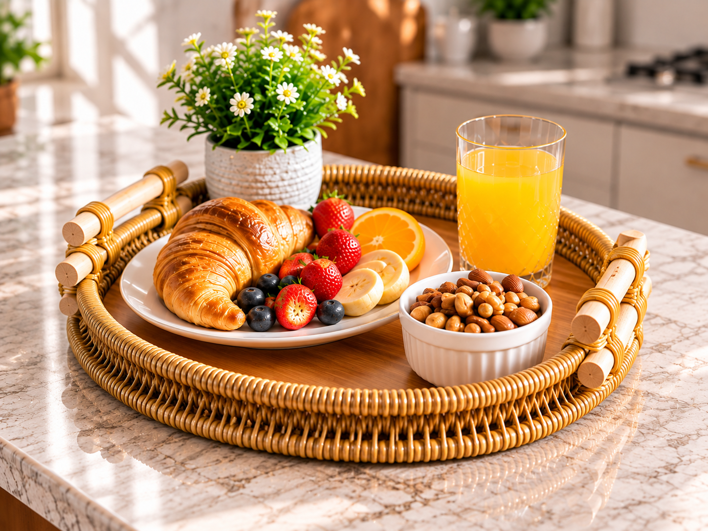 Premium Round Rattan Serving Tray – Natural Woven Design with Bamboo Handles