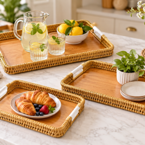 Premium 3 Piece Rectangular Rattan Serving Tray Set – Natural Woven Design with Handles