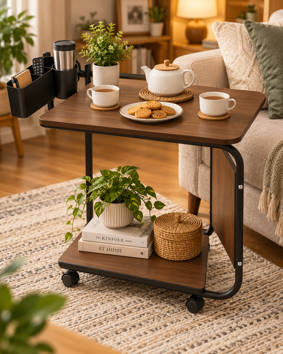 Premium -Tier Rolling Side Table – Wooden Serving & Laptop Table with Wheels - Image 3