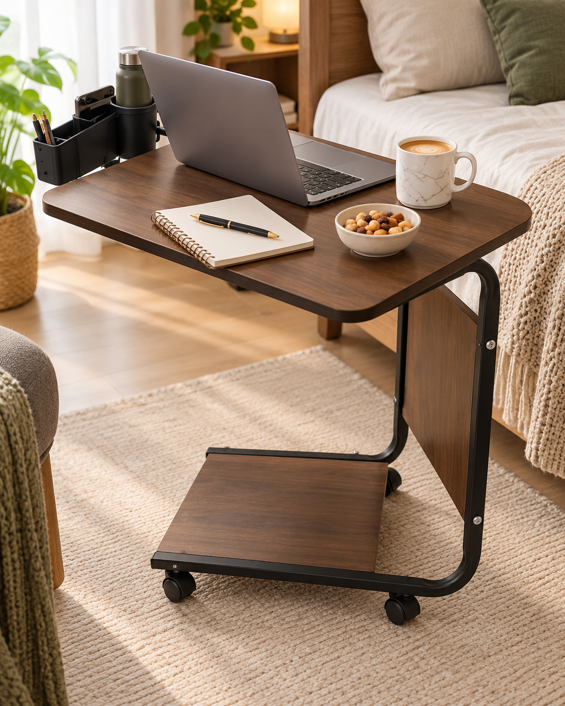 Premium -Tier Rolling Side Table – Wooden Serving & Laptop Table with Wheels - Image 2