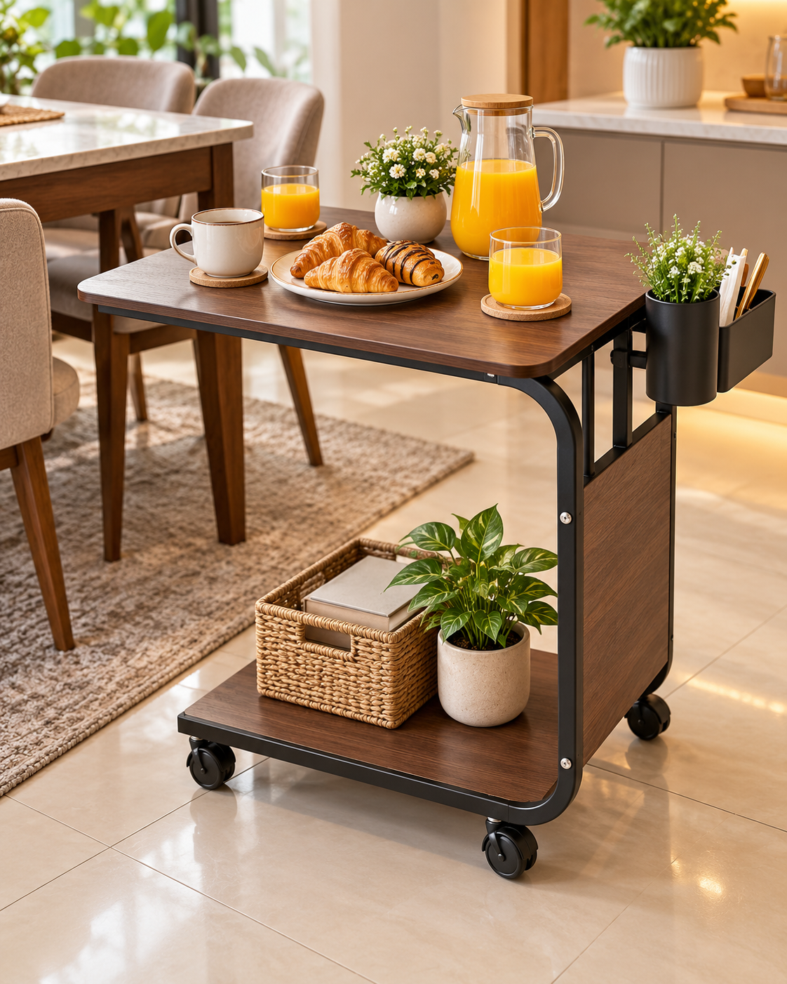 Premium -Tier Rolling Side Table – Wooden Serving & Laptop Table with Wheels