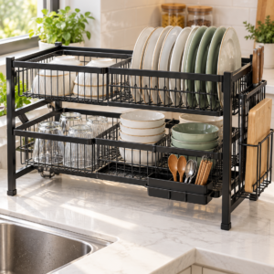Premium 2 Tier Kitchen Dish Drying Rack – Black Countertop Plate & Utensil Organizer