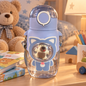 Cute Cartoon Kids Water Bottle with Shoulder Strap – Blue Bear Design
