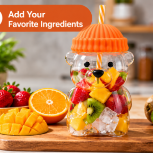Cute Teddy Bear Juice Bottle with Straw – Transparent Bear-Shaped Drinking Cup (Orange)