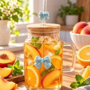 Cute Blue Bow Glass Mason Jar with Straw & Bamboo Lid – Aesthetic Juice Mug