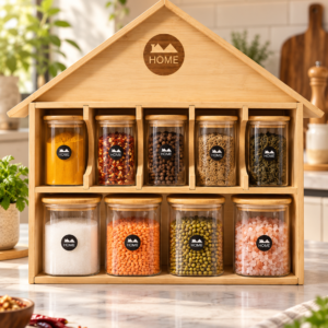 Premium 9 Piece Glass Storage Jar Set with Wooden House-Shaped Organizer – Kitchen