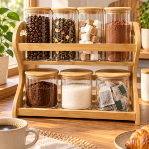 Premium 7 Piece Glass Storage Jar Set with Bamboo Wooden Stand – Kitchen Storage