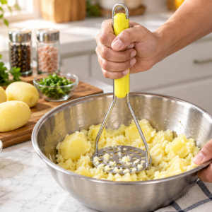 Premium Stainless Steel Potato Masher – Heavy Duty Vegetable Masher with Yellow Handle