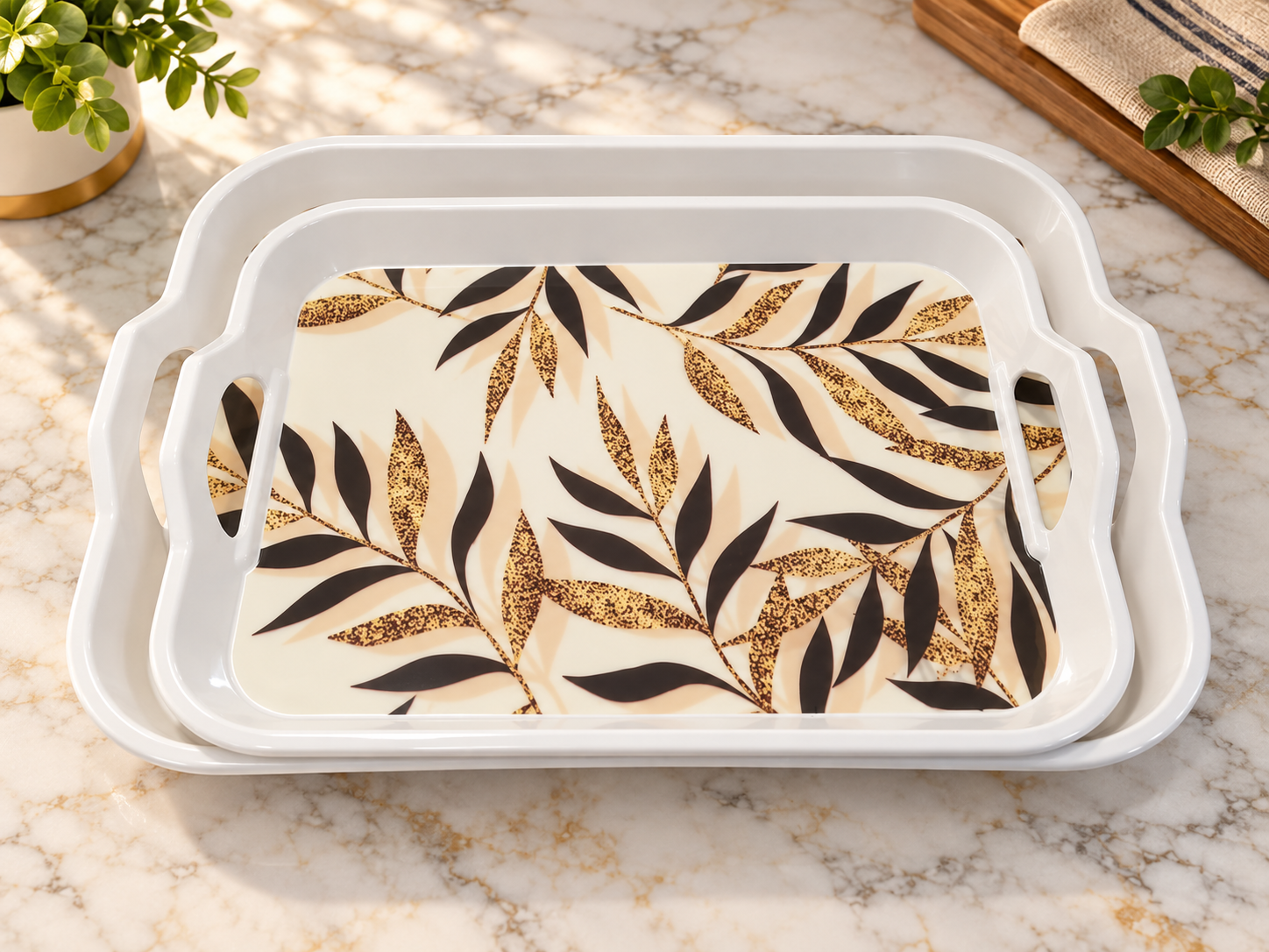 2 Piece Melamine Serving Tray Set – Black & Gold Leaf Design - Image 3