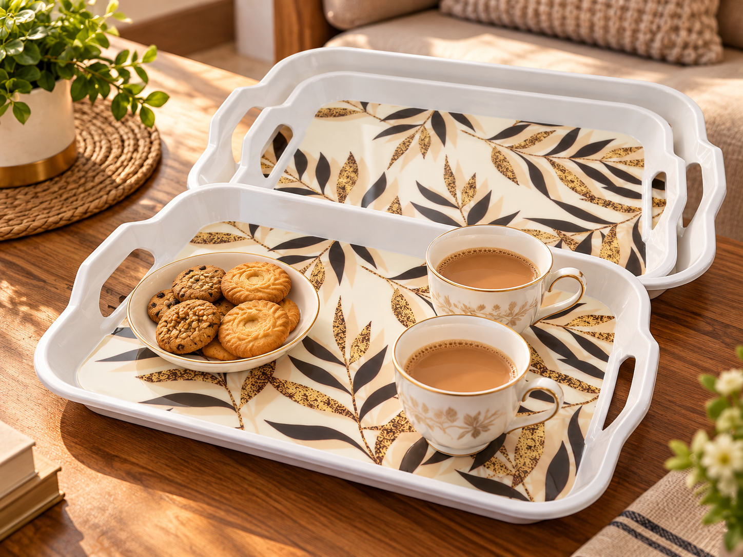 2 Piece Melamine Serving Tray Set – Black & Gold Leaf Design - Image 2