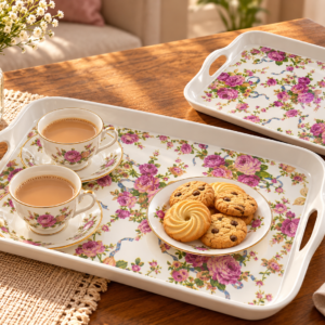 2 Piece Melamine Serving Tray Set – Pink Rose Floral Design