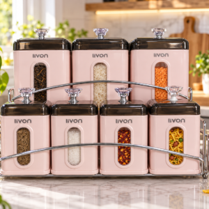 Livon 7 Piece Kitchen Storage Container Set with Rack – Square & Round Designs