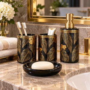 4 Piece Bathroom Accessories Set – Black & Gold Leaf Design