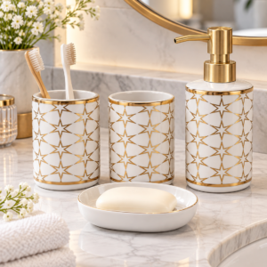 4 Piece Bathroom Accessories Set – White & Gold Star Design