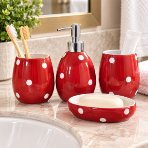 4 Piece Bathroom Accessories Set – Red & White Polka Dot Design