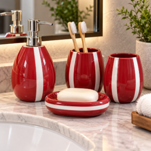 4 Piece Bathroom Accessories Set – Red & White Stripe Design