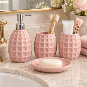 4 Piece Bathroom Accessories Set – Black & Gold Geometric Design