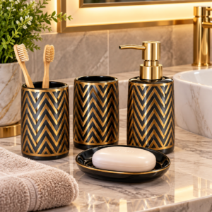 4 Piece Bathroom Accessories Set – Black & Gold Chevron Design