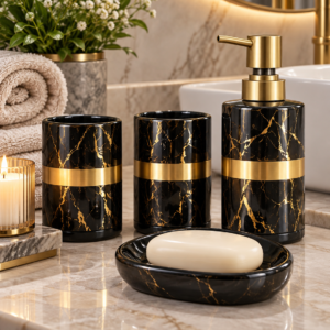 4 Piece Bathroom Accessories Set – Black & Gold Marble Design