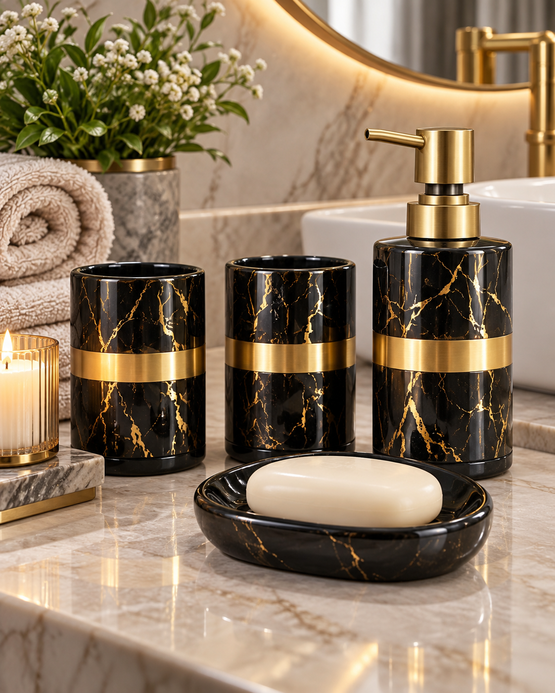 4 Piece Bathroom Accessories Set – Black & Gold Marble Design