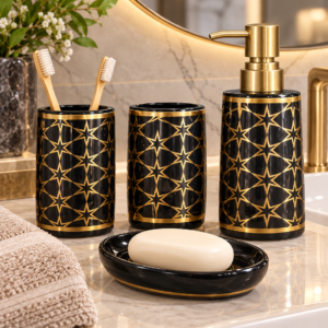 4 Piece Bathroom Accessories Set – Black & Gold Star Design