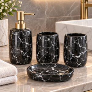 4 Piece Bathroom Accessories Set – Black & White Marble Design