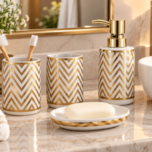 4 Piece Bathroom Accessories Set – White & Gold Chevron Design