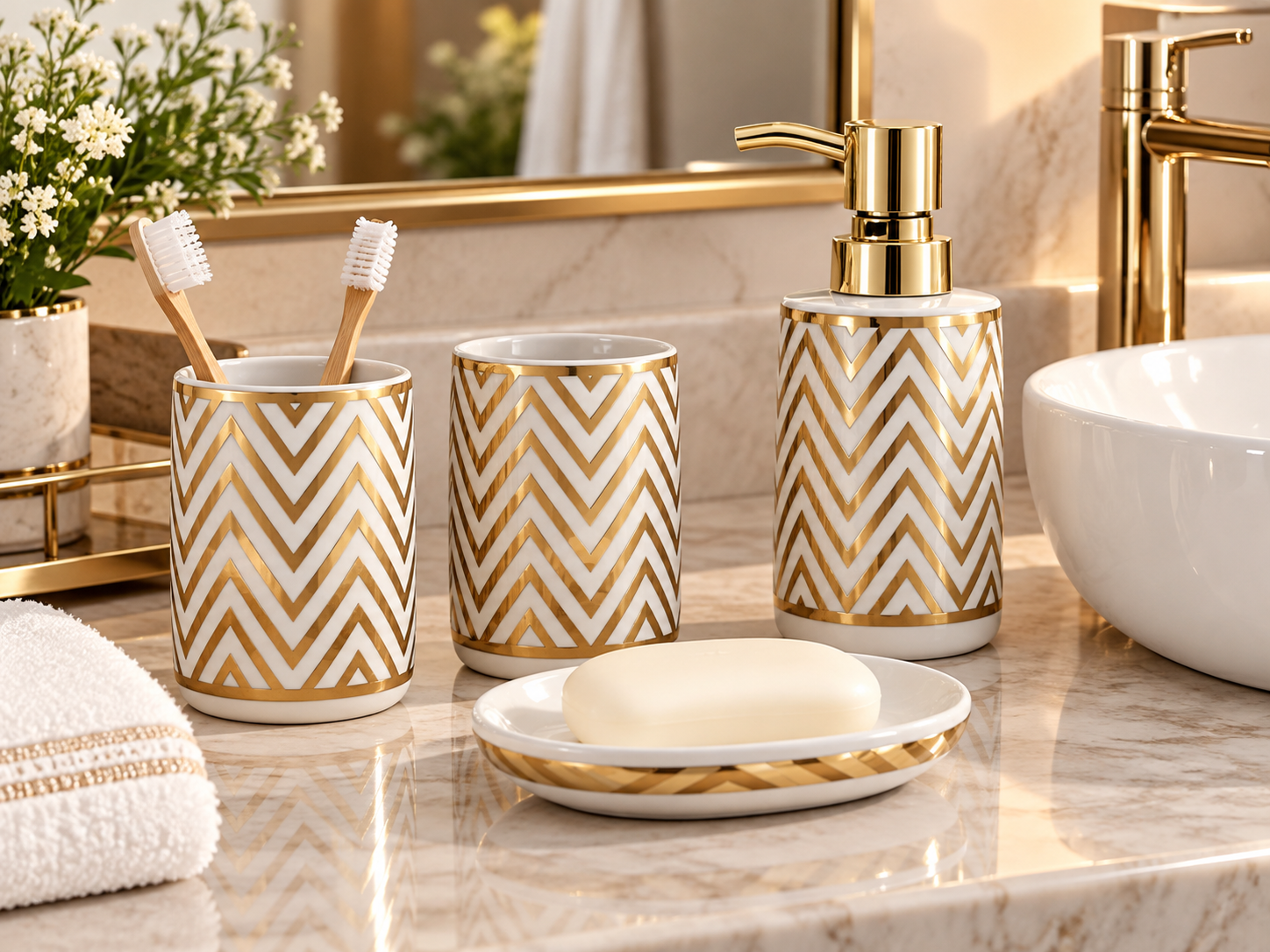 4 Piece Bathroom Accessories Set – White & Gold Chevron Design