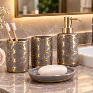 4 Piece Bathroom Accessories Set – Grey & Gold Star Design