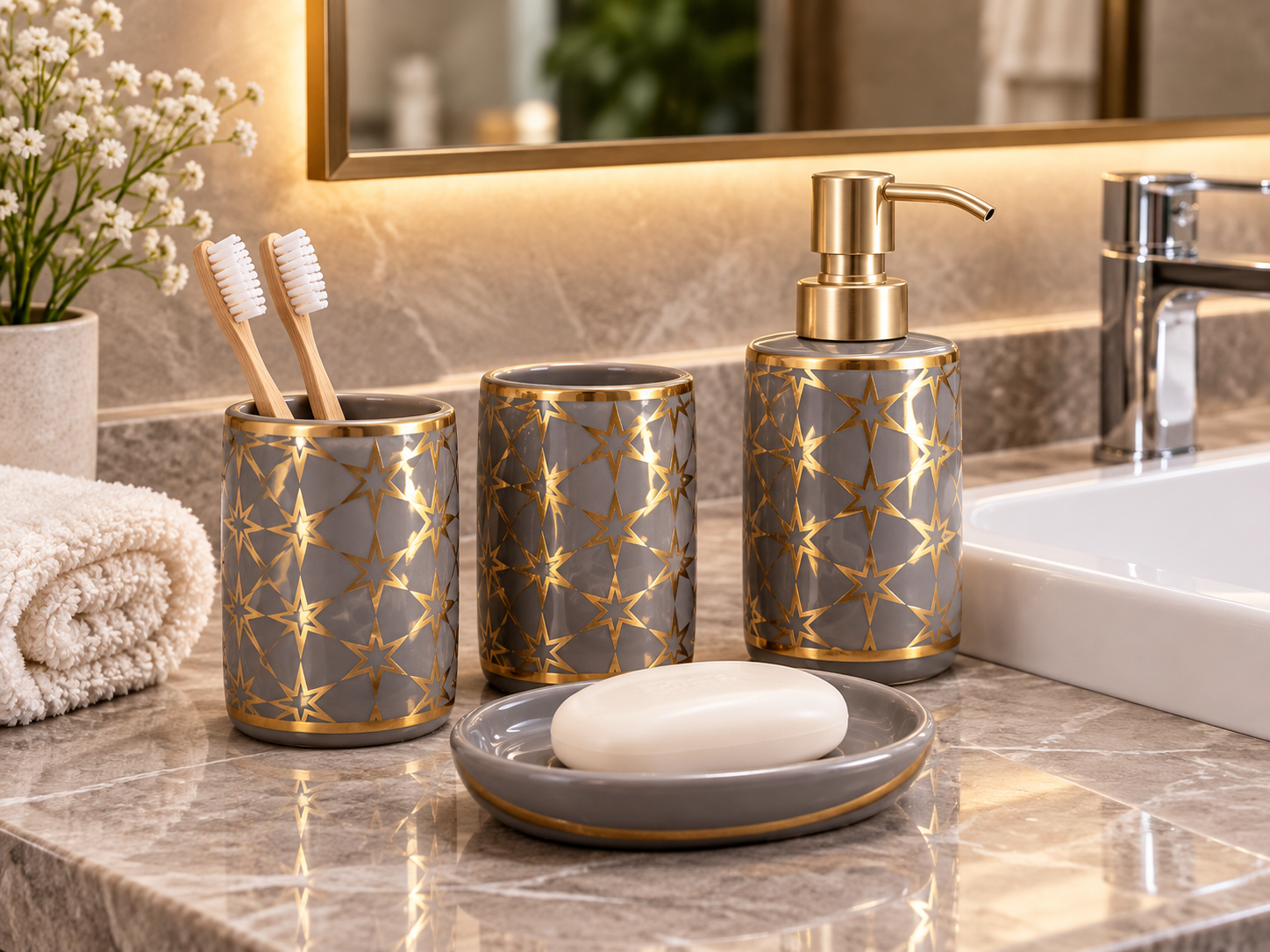 4 Piece Bathroom Accessories Set – Grey & Gold Star Design