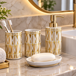 4 Piece Bathroom Accessories Set – White & Gold Diamond Lattice Design