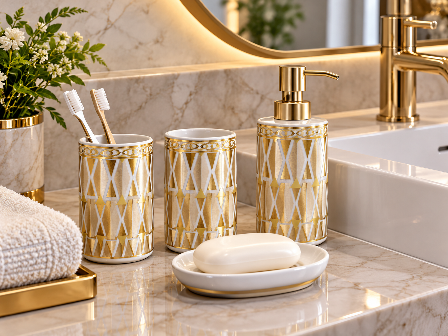 4 Piece Bathroom Accessories Set – White & Gold Diamond Lattice Design