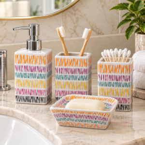 4 Piece Bathroom Accessories Set – Multicolor Abstract Stripe Design