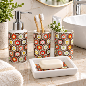 4 Piece Bathroom Accessories Set – Multicolor Hexagon Design