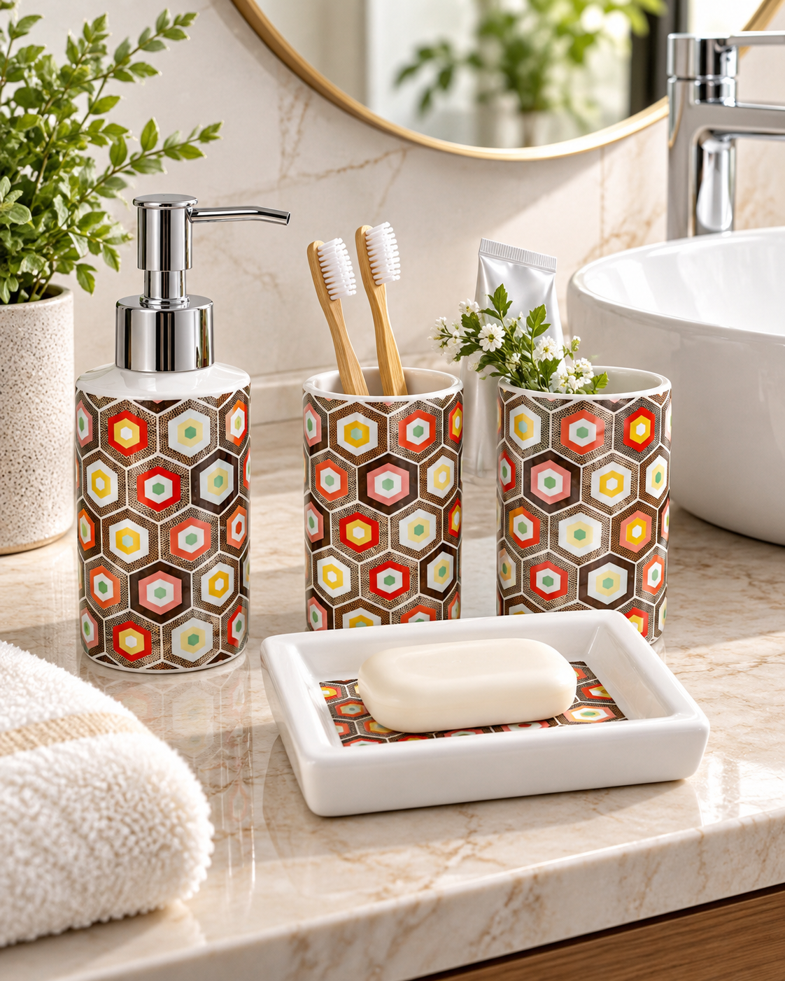 4 Piece Bathroom Accessories Set – Multicolor Hexagon Design
