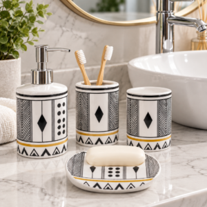 4 Piece Bathroom Accessories Set – Black & White Tribal Design