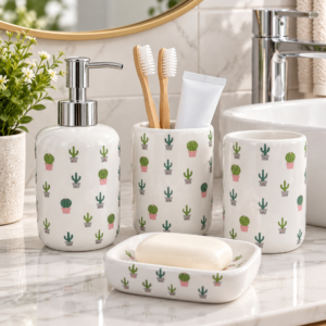 4 Piece Bathroom Accessories Set – White & Green Cactus Design