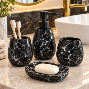 4 Piece Bathroom Accessories Set – Black Marble Design with Black Pump