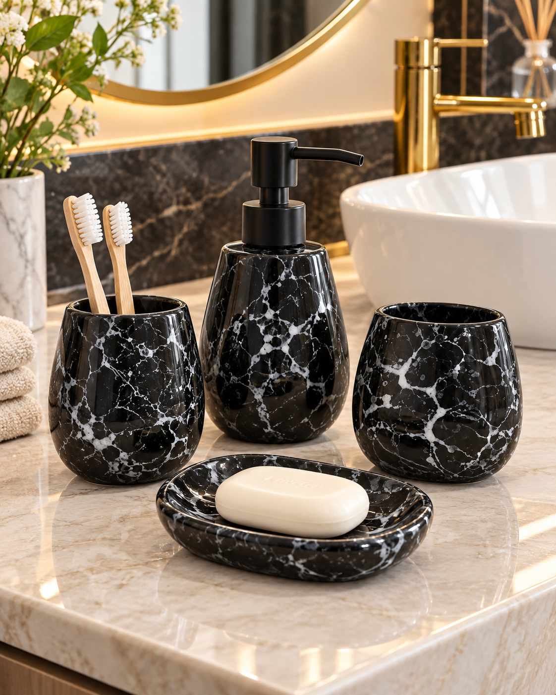 4 Piece Bathroom Accessories Set – Black Marble Design with Black Pump