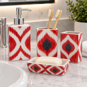 4 Piece Bathroom Accessories Set – Red & White Ikat Diamond Design
