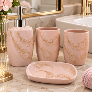 4 Piece Bathroom Accessories Set – Pink & Gold Feather Design